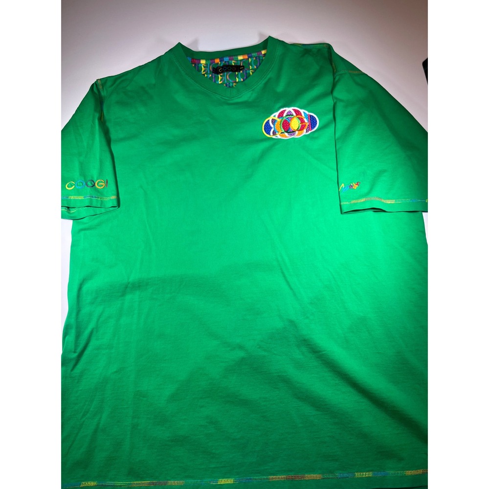 Coogi T-Shirt Men XXXL Green Embroidered Logo Rainbow Stitch V-Neck Short Sleeve